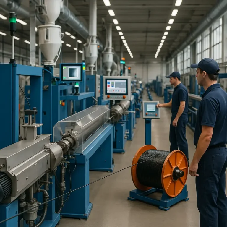 An advanced extrusion factory with optical cable systems running in parallel, monitored by engineers for quality control.