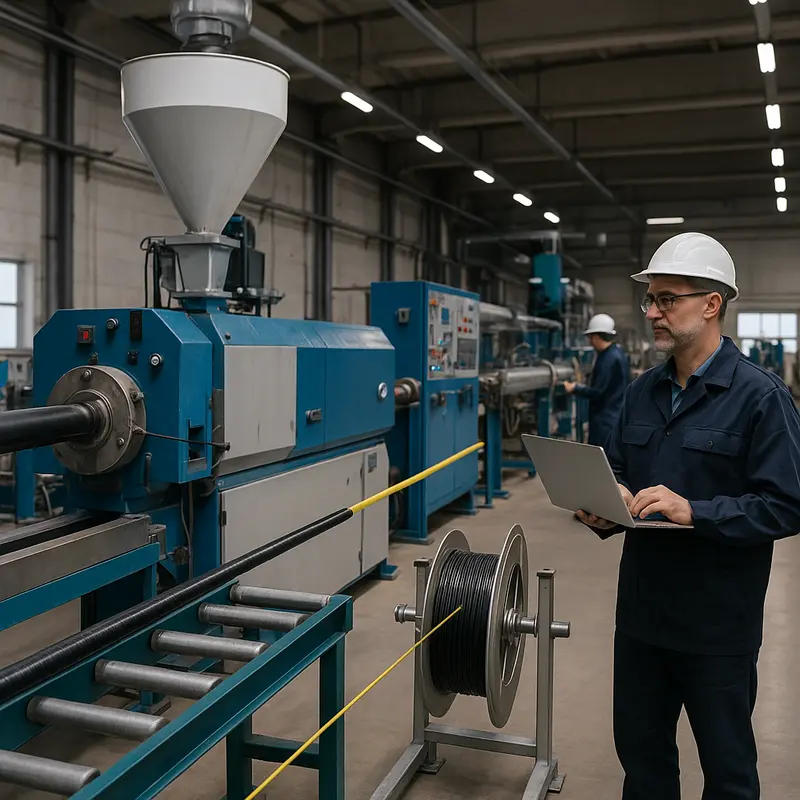 A modern production floor showcasing an optical cable sheath extrusion line setup.