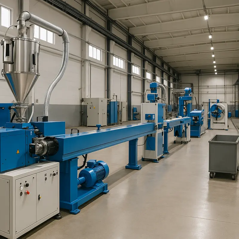Technicians setting up a fiber cable sheath extrusion line in an industrial facility.