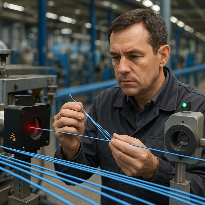 Technicians setting up a fiber cable sheath extrusion line in an industrial facility.