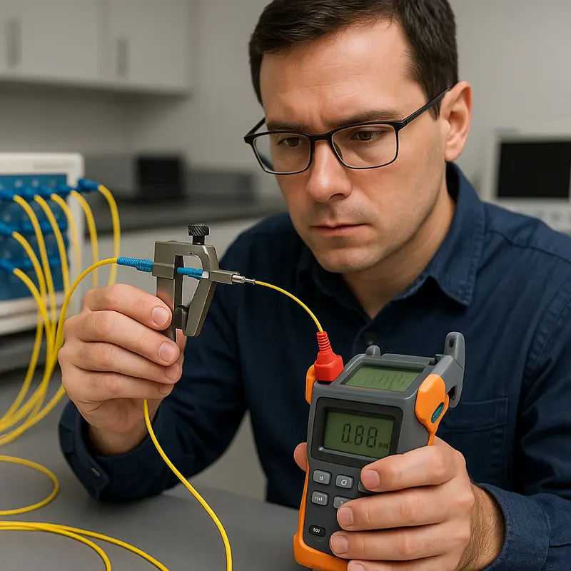 Technicians examining optical fiber cores during FTTH drop cable production.