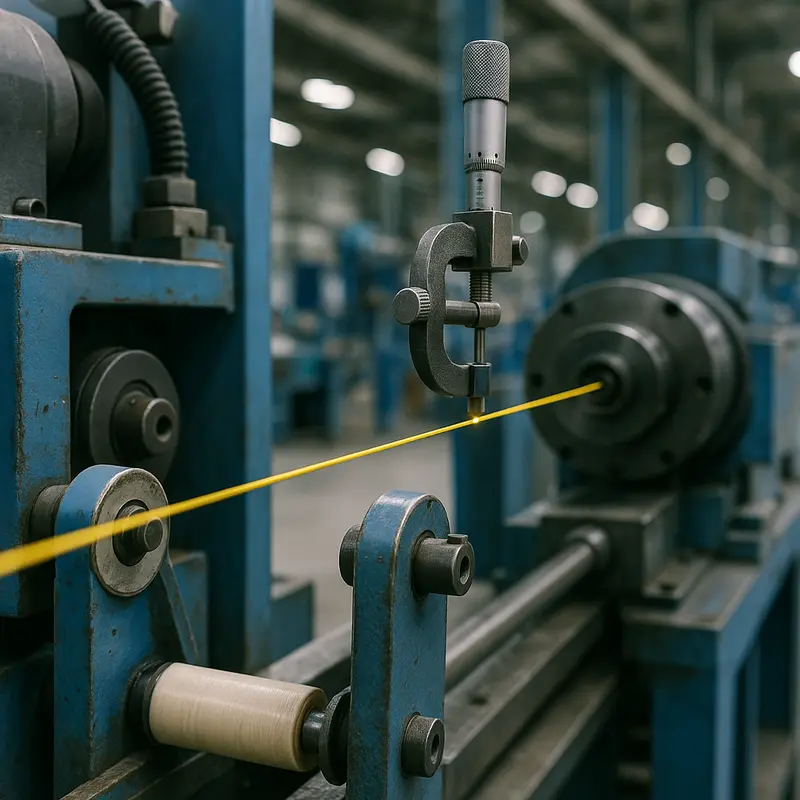 Machinery calibrating the outer diameter of a fiber optic cable with precision tools.