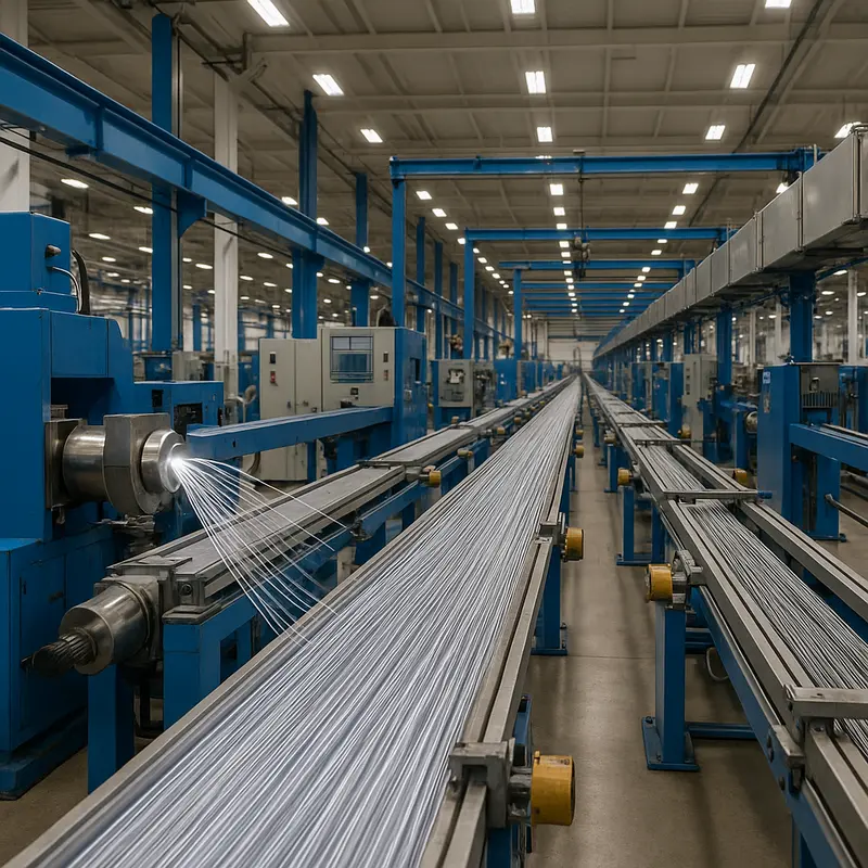 A detailed view of a tight buffered fiber extrusion line in operation.