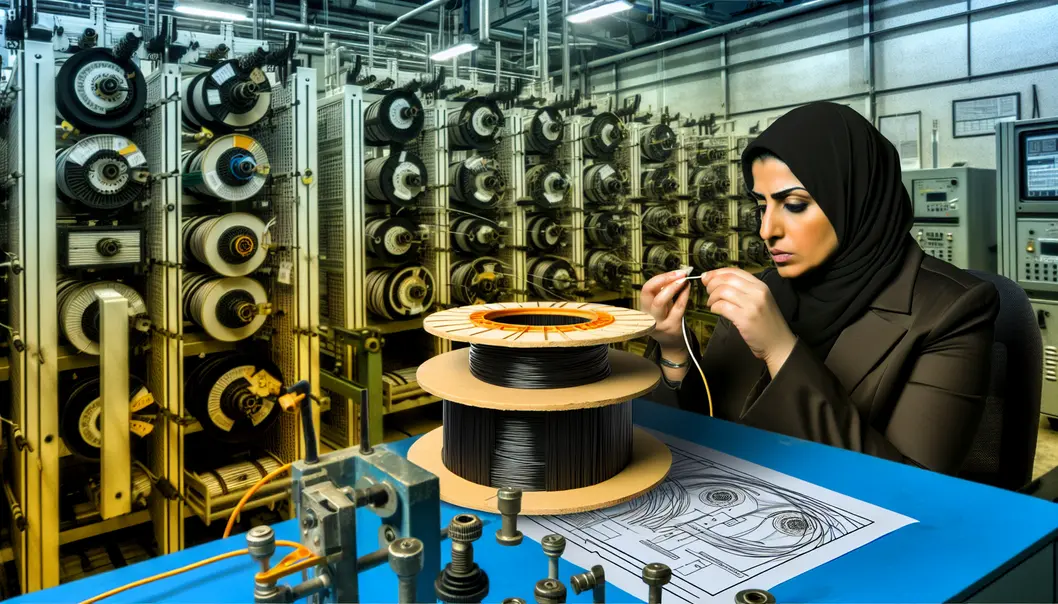 A fiber cable expert reviewing production metrics in a factory setting.