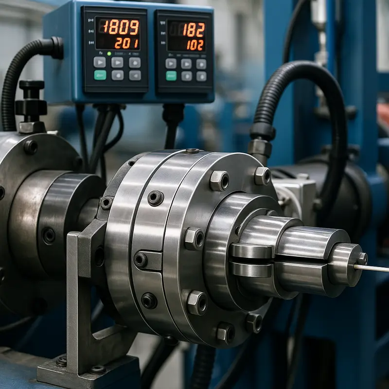 Technicians setting up a fiber cable sheath extrusion line in an industrial facility.
