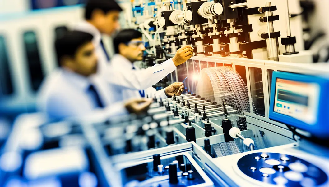 A schematic view of a fiber optic cable production line, highlighting key machinery and flow.
