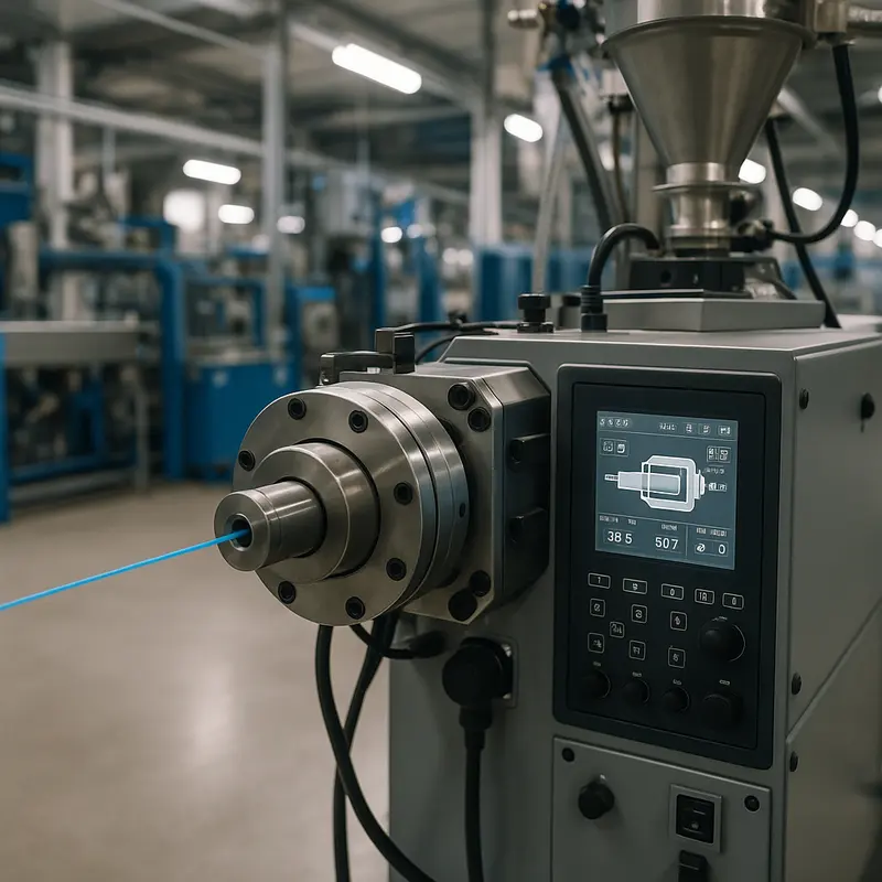 A modern extruder used in the fiber optic cable manufacturing process, emphasizing its role in efficient production.