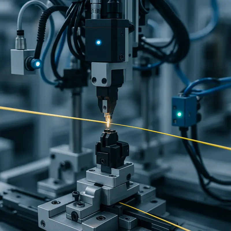 Technicians examining optical fiber cores during FTTH drop cable production.