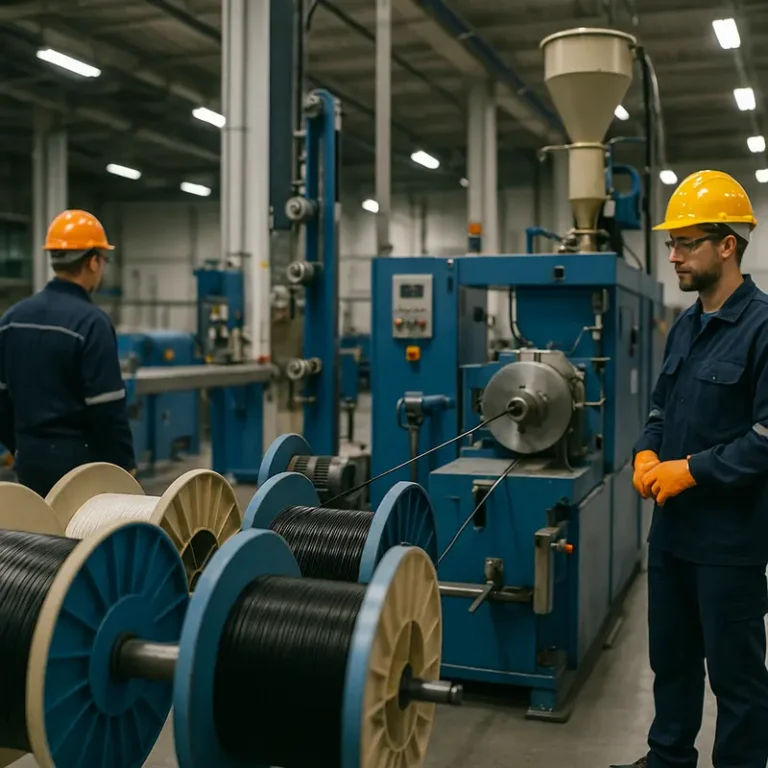 Fiber optic factory floor with spools, extrusion equipment, and technicians monitoring production processes.