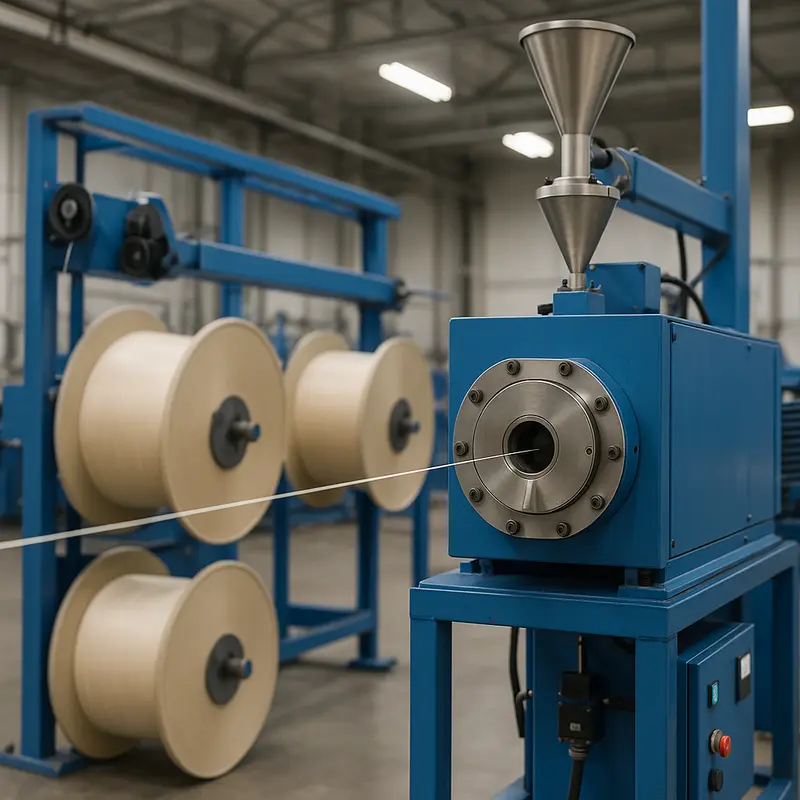 A detailed view of a tight buffered fiber extrusion line in operation.