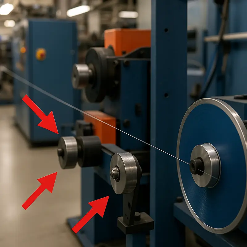An illustration of an optical fiber processing line demonstrating tension control basics.