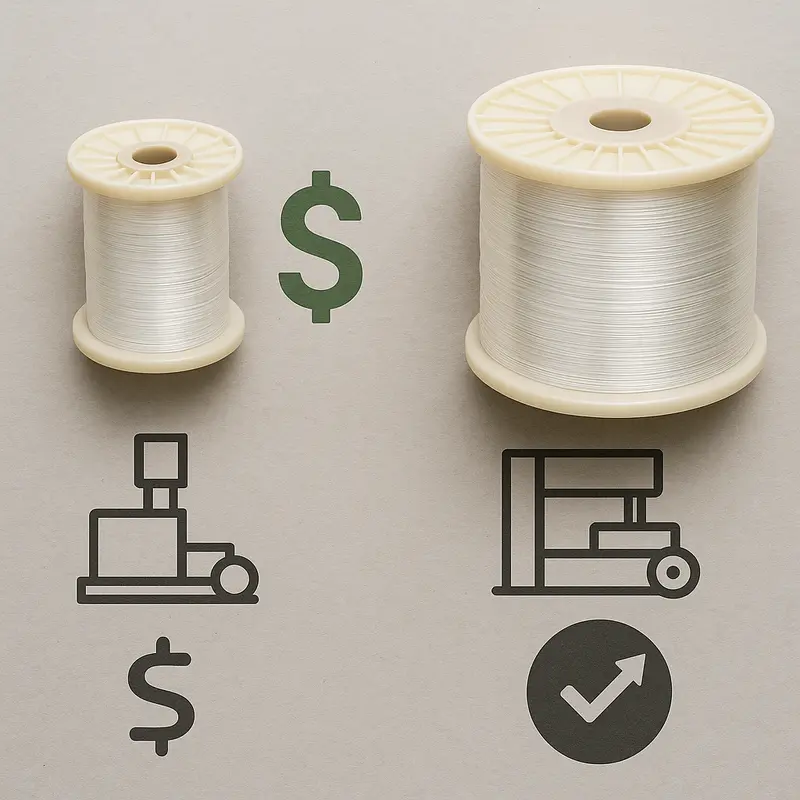 Cost comparison between 25km and 50km fiber bobbin systems with breakdown tables.