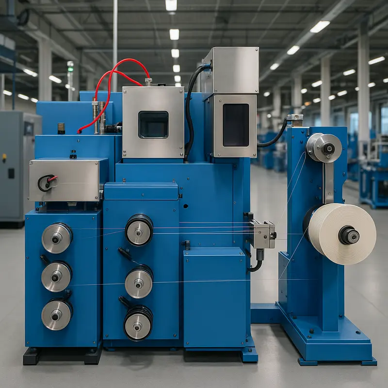 Modern equipment for optical fiber coloring and rewinding operations.