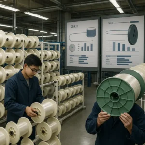 An image of telecom workers comparing 25km and 50km fiber bobbin systems within a mechanical manufacturing setting.