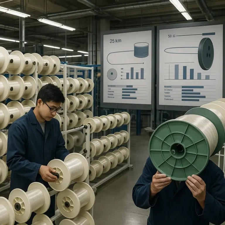 An image of telecom workers comparing 25km and 50km fiber bobbin systems within a mechanical manufacturing setting.