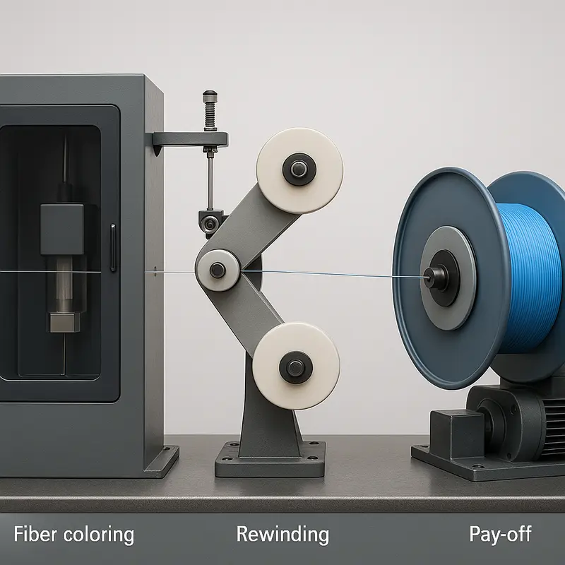 Technical blueprint of a fiber coloring, rewinding, and pay-off system layout.