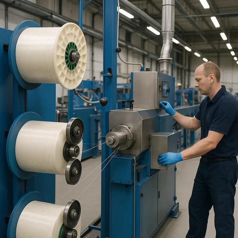 An optical fiber secondary coating production line featuring critical equipment and organized workflows.