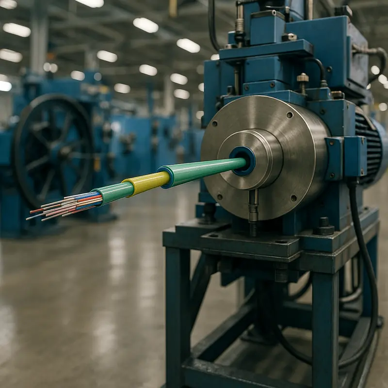 A fiber optic cable factory where secondary coatings are being applied to optical fibers by advanced machinery.