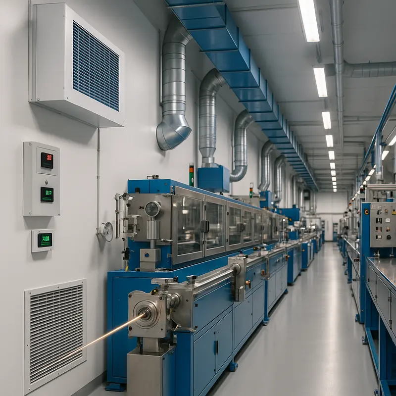 An optical fiber secondary coating production line featuring critical equipment and organized workflows.