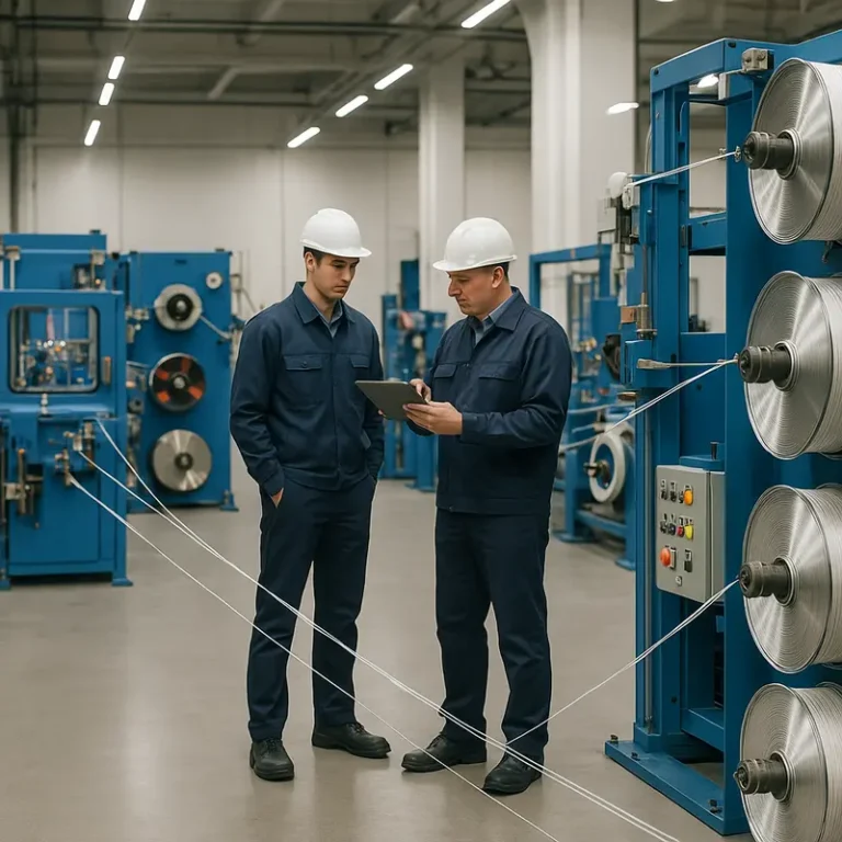 Interior of a fiber production facility with machinery and engineers overseeing fiber systems.