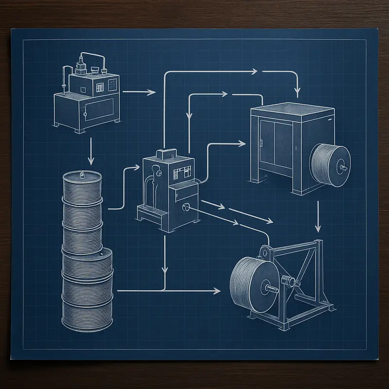 Technical blueprint of a fiber coloring, rewinding, and pay-off system layout.