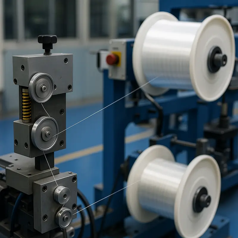 Modern fiber optic production line showcasing advanced tension and bobbin control mechanisms.