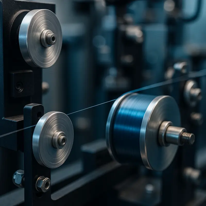 An illustration of an optical fiber processing line demonstrating tension control basics.