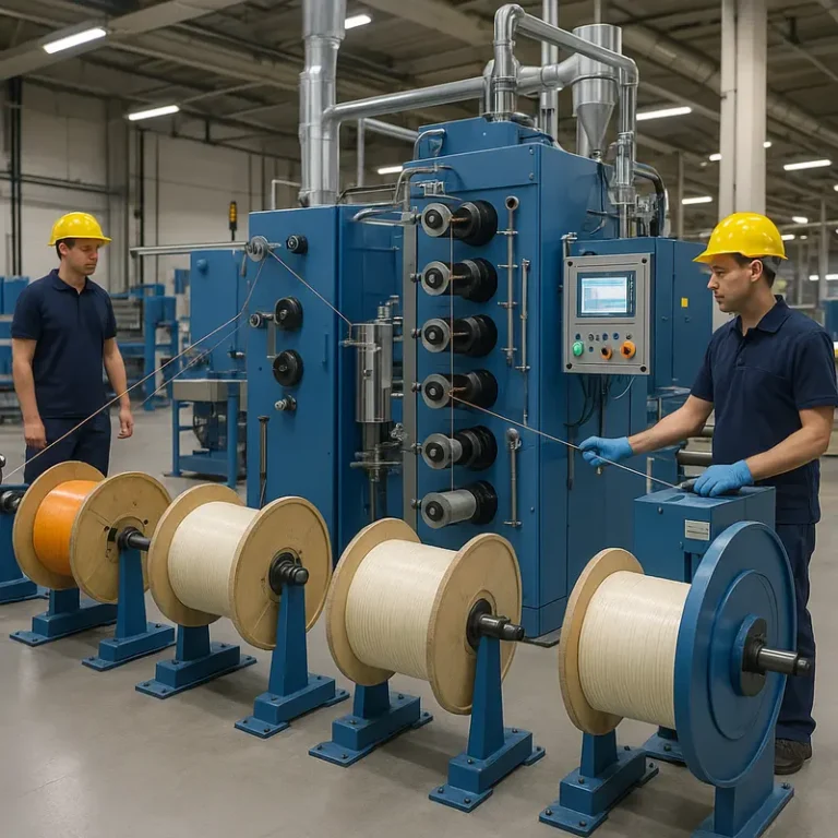A fiber optic production facility with advanced equipment and workers ensuring optimal performance and output quality.