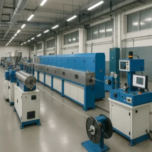 An industrial optical fiber production line featuring machines and environmental controls for secondary coating.