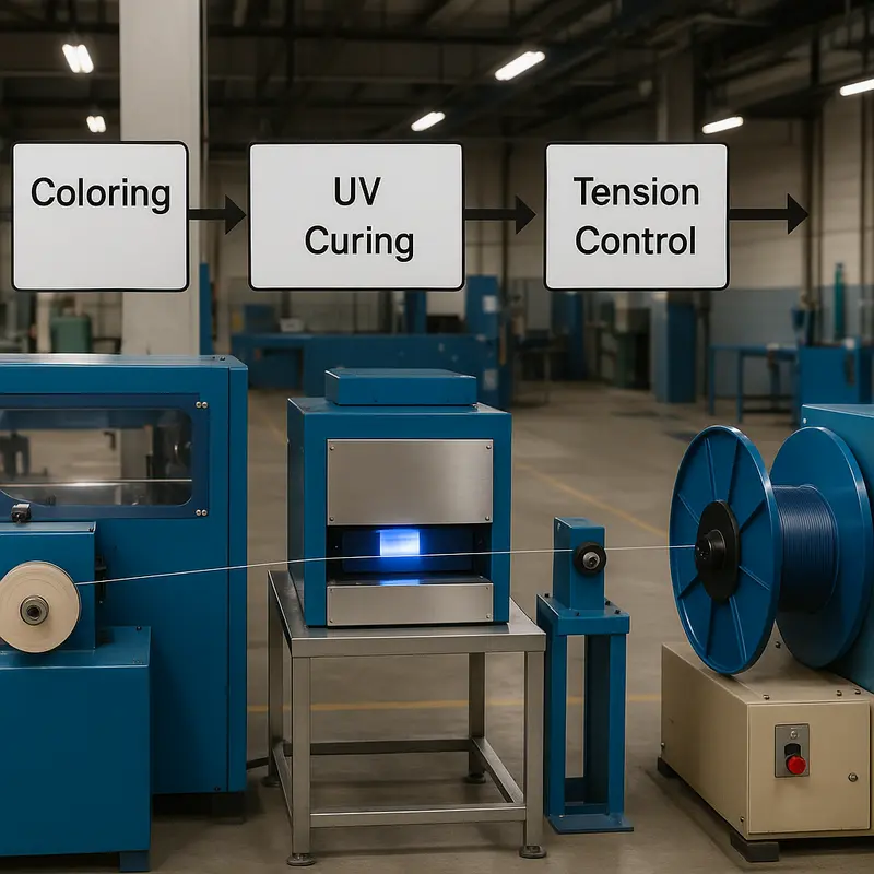 Modern equipment for optical fiber coloring and rewinding operations.
