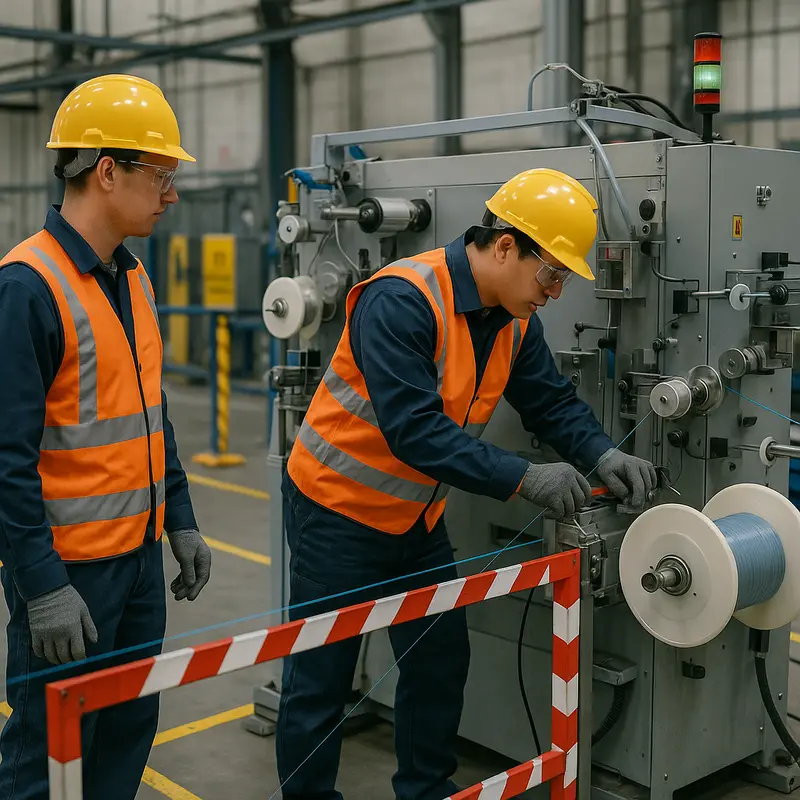 Modern equipment for optical fiber coloring and rewinding operations.
